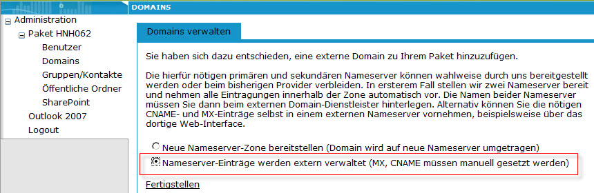 Hosted Exchange - Domain hinzufügen